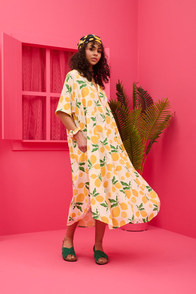 Olia Shirt Dress Cream Lemons Σεμιζιέ Φόρεμα με Ζώνη & Τσέπες Petit Boutik