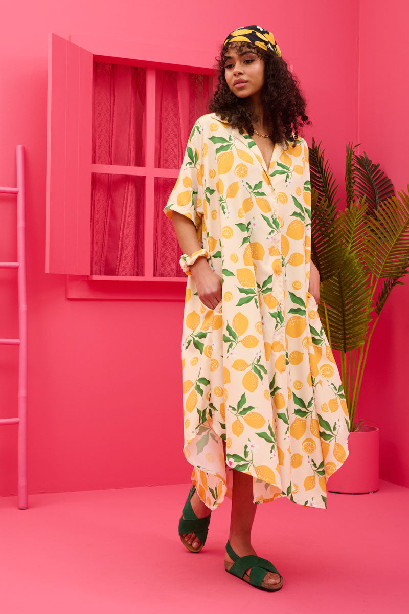 Olia Shirt Dress Cream Lemons Σεμιζιέ Φόρεμα με Ζώνη & Τσέπες Petit Boutik