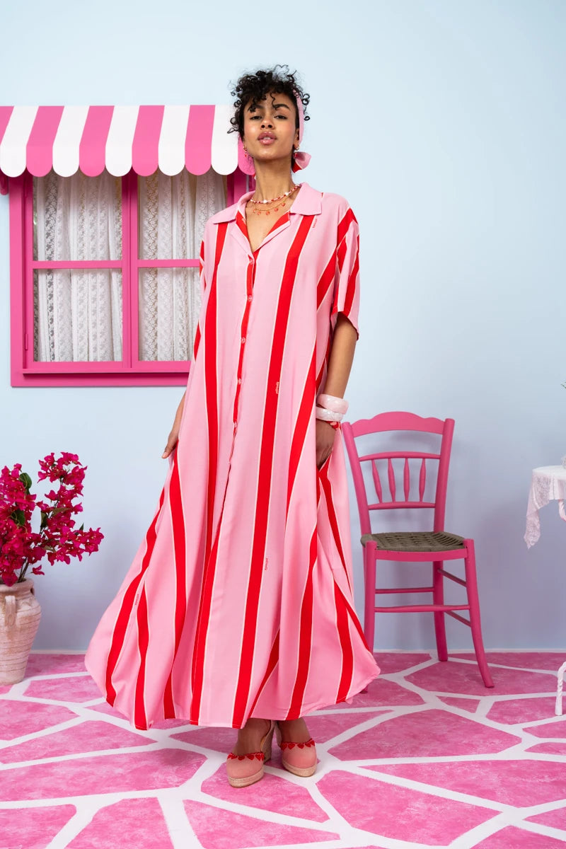 Olia Shirt Dress Vis Pink Red Triple Stripes Σεμιζιέ Φόρεμα με Ζώνη & Τσέπες Petit Boutik