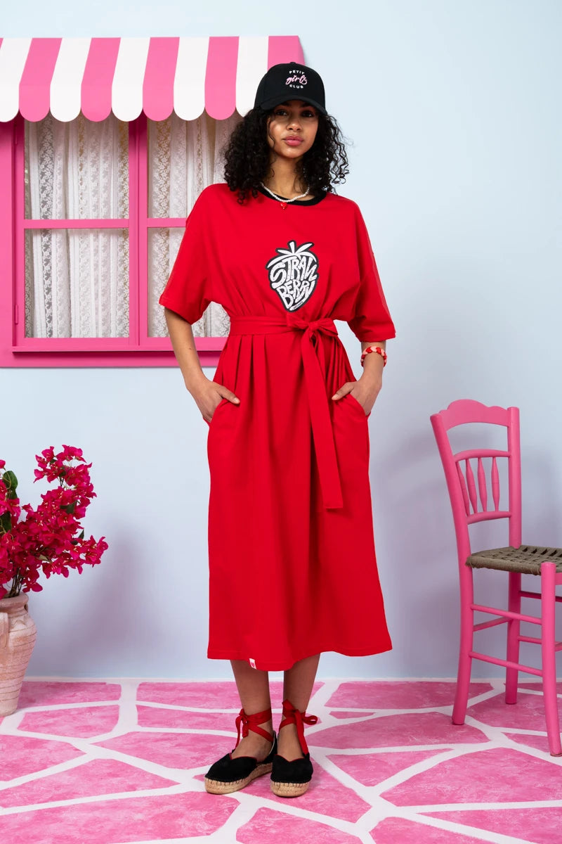 Reina T-shirt Dress “Strawberry” Κόκκινο Κοντομάνικο Φόρεμα με Τσέπες & Ζώνη Petit Boutik