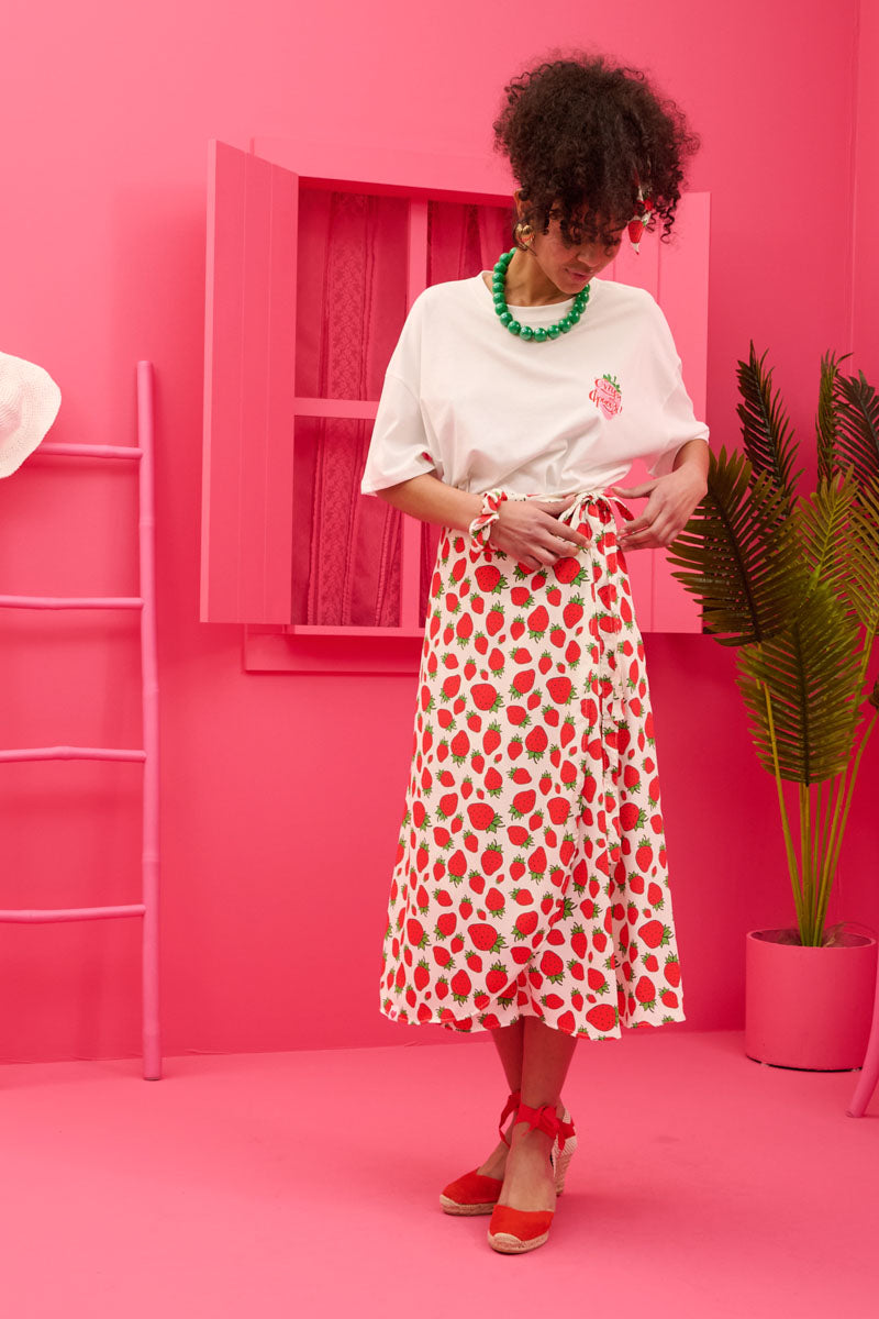 Silia Wrap Skirt White Strawberries Δετή Φούστα Petit Boutik