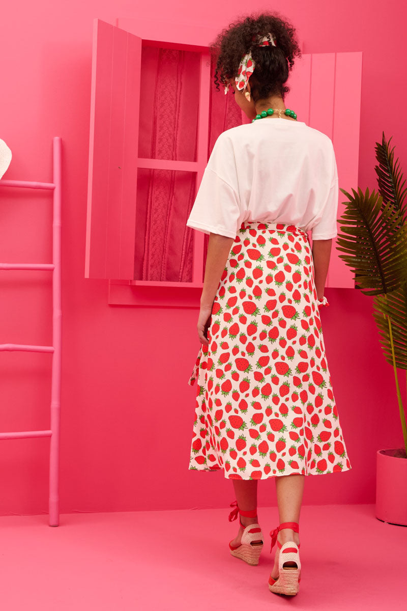Silia Wrap Skirt White Strawberries Δετή Φούστα Petit Boutik