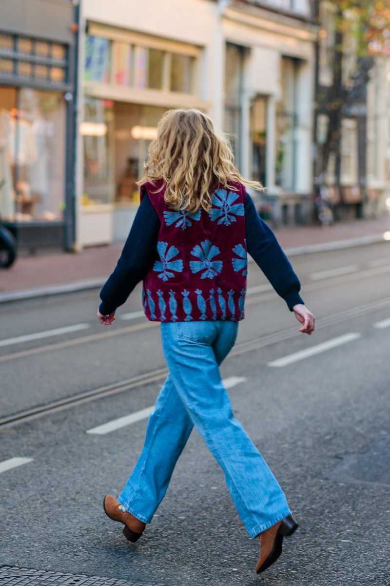 Embroidered Velvet Bodywarmer Berry with Light Blue Embroidery
