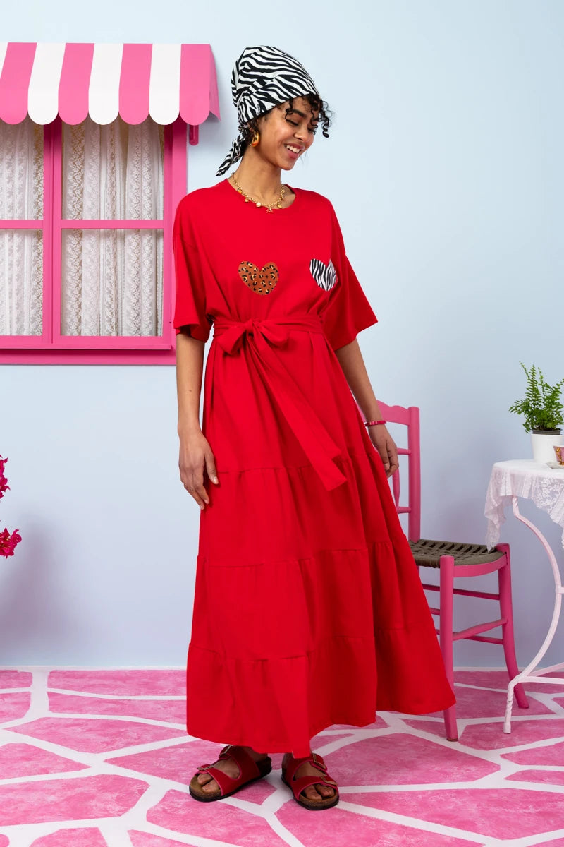 Yama T-shirt Frill Dress “Boob Hearts” Κόκκινο Κοντομάνικο Φόρεμα με Ζώνη Petit Boutik