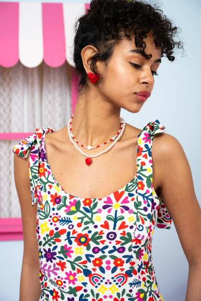 Fenia Dress Vis White Mexican Floral Φόρεμα με Δετές Τιράντες & Τσέπες Petit Boutik