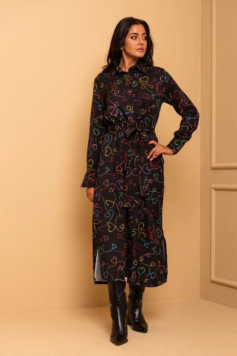 Saly Shirt Dress Black Connecting Hearts Σεμιζιέ Φόρεμα με Τσέπες & Ζώνη Petit Boutik