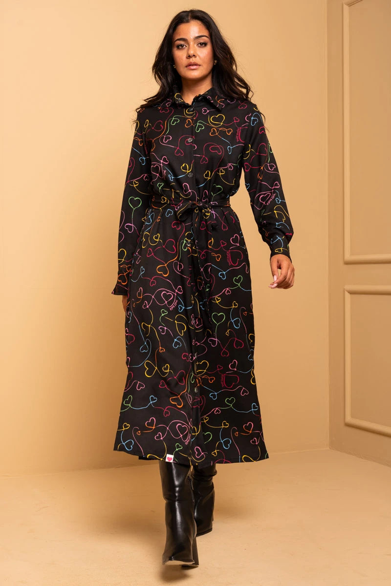 Saly Shirt Dress Black Connecting Hearts Σεμιζιέ Φόρεμα με Τσέπες & Ζώνη Petit Boutik