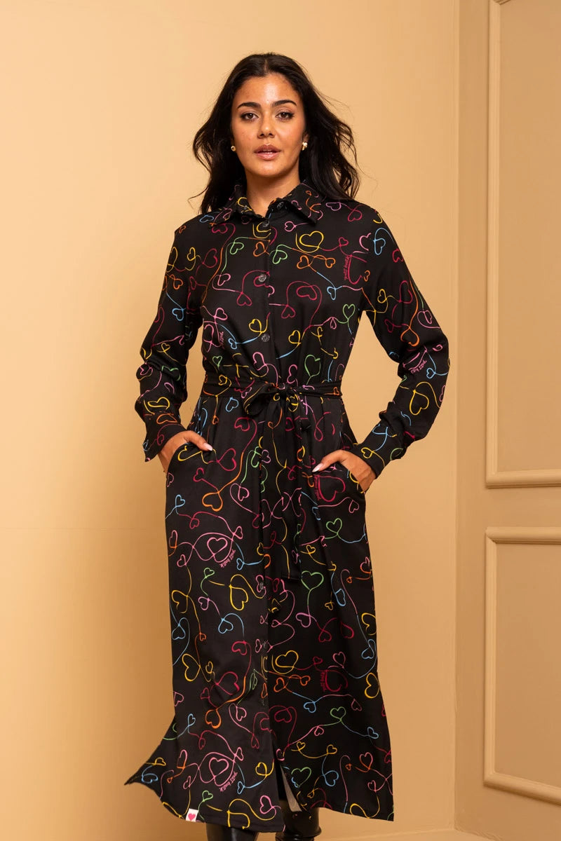 Saly Shirt Dress Black Connecting Hearts Σεμιζιέ Φόρεμα με Τσέπες & Ζώνη Petit Boutik