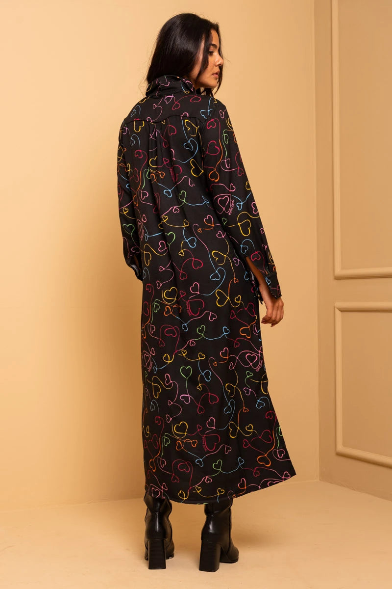 Saly Shirt Dress Black Connecting Hearts Σεμιζιέ Φόρεμα με Τσέπες & Ζώνη Petit Boutik