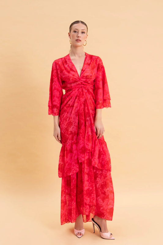 RUBY ROSE KIMONO DRESS WITH RUFFLES