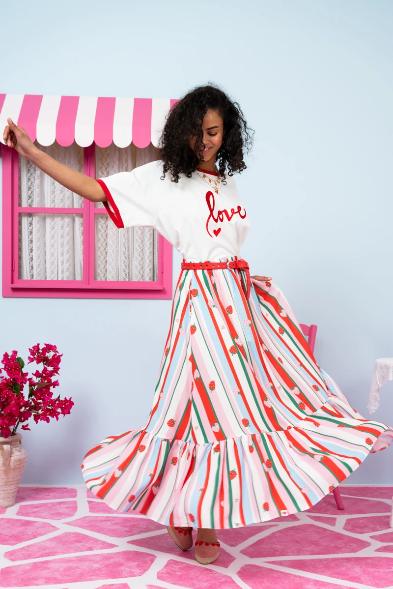 Marea Skirt Vis Multi Stripes Strawberries Color Φούστα Petit Boutik