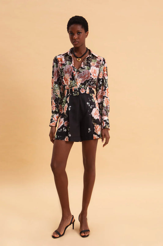 PEONIES LOVE HIGH WAISTED LINEN SHORTS WITH BELT