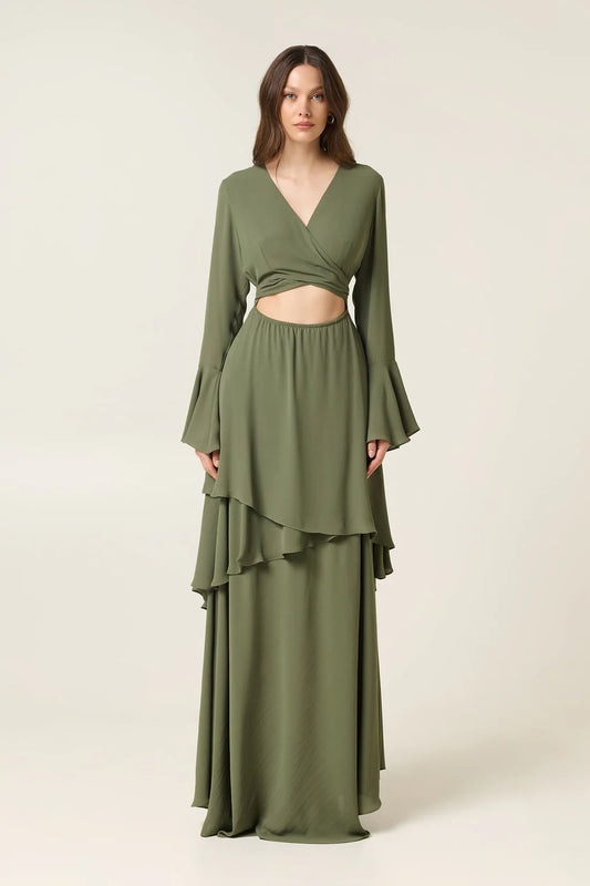 OLIVE MAXI DRESS WITH RUFFLES