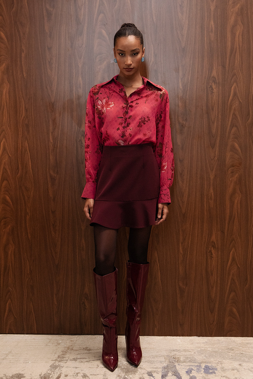 CORDELIA BURGUNDY MINI FLOUNCE SKIRT