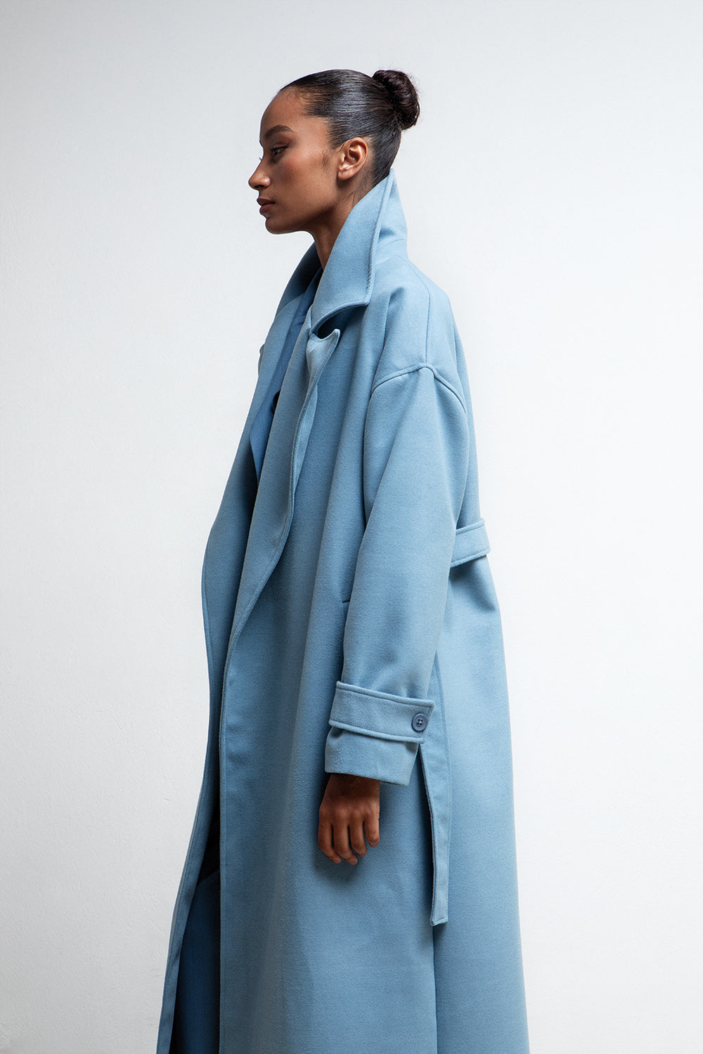 POWDER BLUE BELTED MAXI COAT