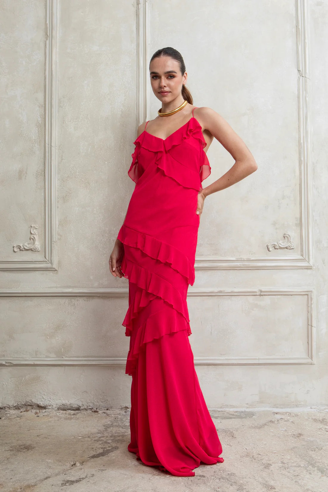 STRAWBERRY SORBET MAXI DRESS WITH RUFFLES