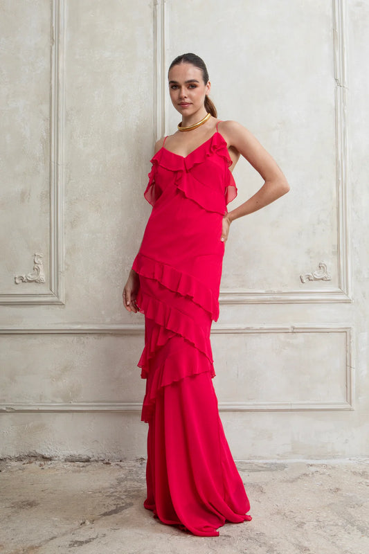 STRAWBERRY SORBET MAXI DRESS WITH RUFFLES