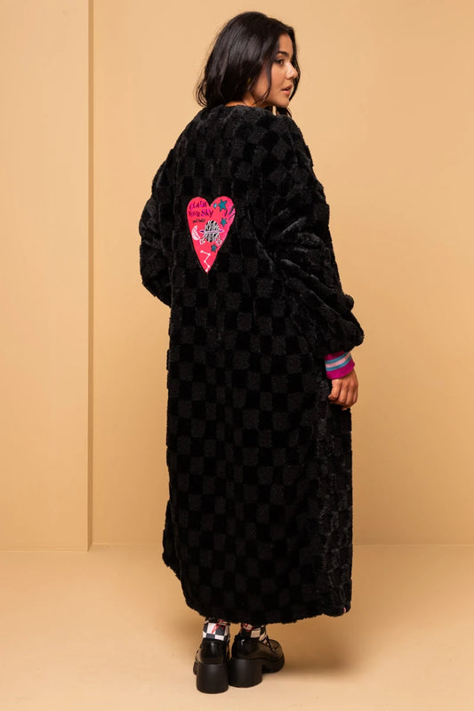 Bianca Coat Synthetic Fur Black 3D Checkered Παλτό Embroidery Heart Petit Boutik