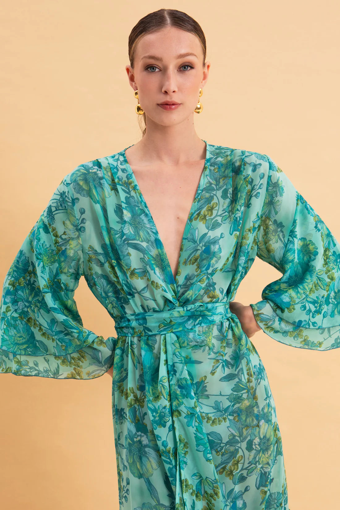 BOTANICAL BREEZE KIMONO DRESS WITH RUFFLES