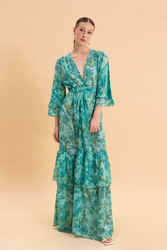 BOTANICAL BREEZE KIMONO DRESS WITH RUFFLES