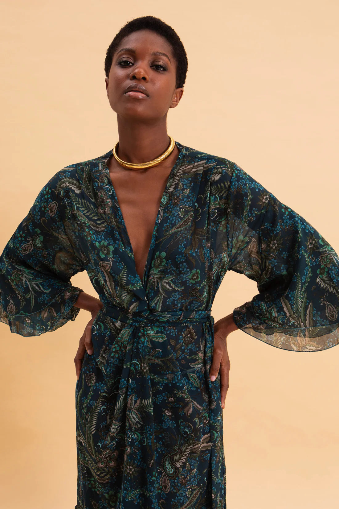 MYSTIC FOREST KIMONO DRESS WITH RUFFLES