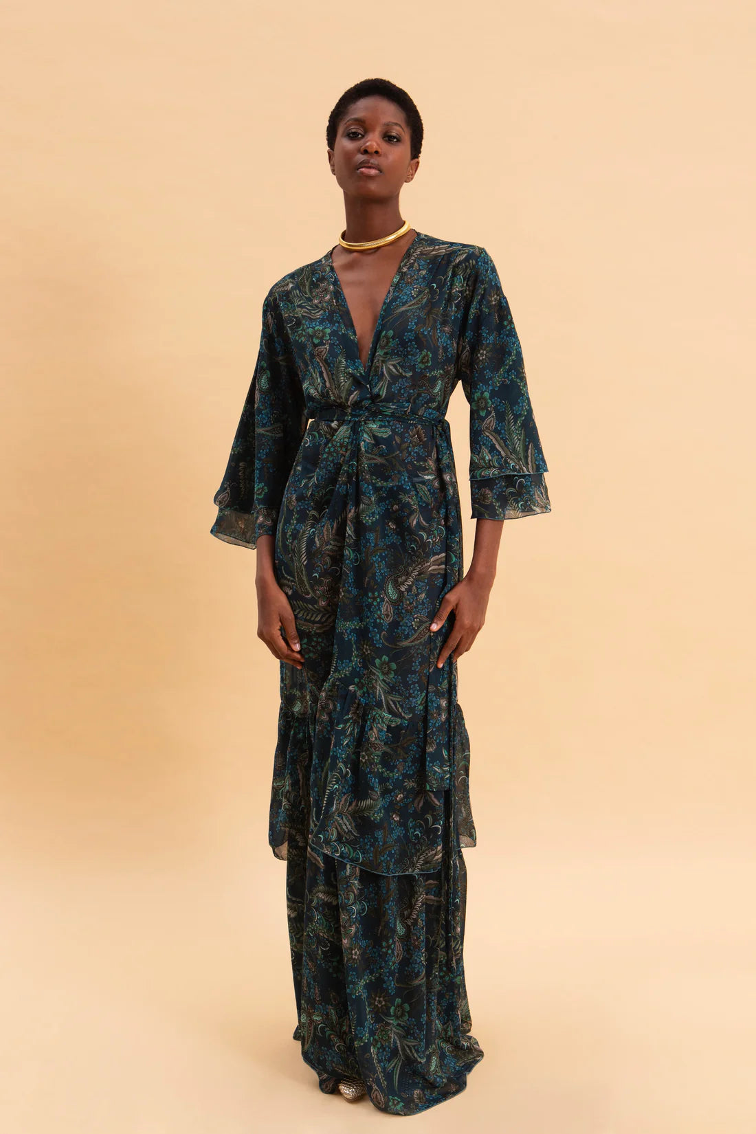 MYSTIC FOREST KIMONO DRESS WITH RUFFLES