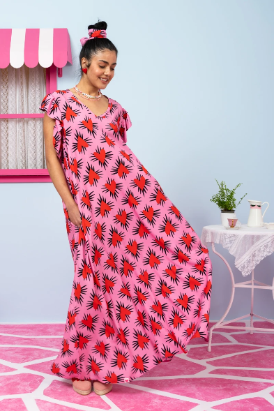 Betty Dress Pink Hearts Red Spikes Frill Sleeves Φόρεμα με Ζώνη & Τσέπες Petit Boutik