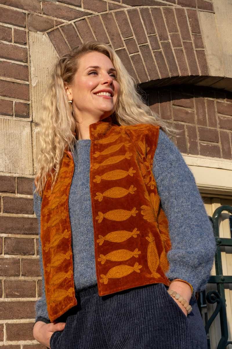 Embroidered Velvet Bodywarmer Amber / Burnt Orange