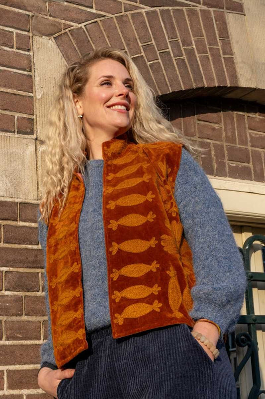 Embroidered Velvet Bodywarmer Amber / Burnt Orange