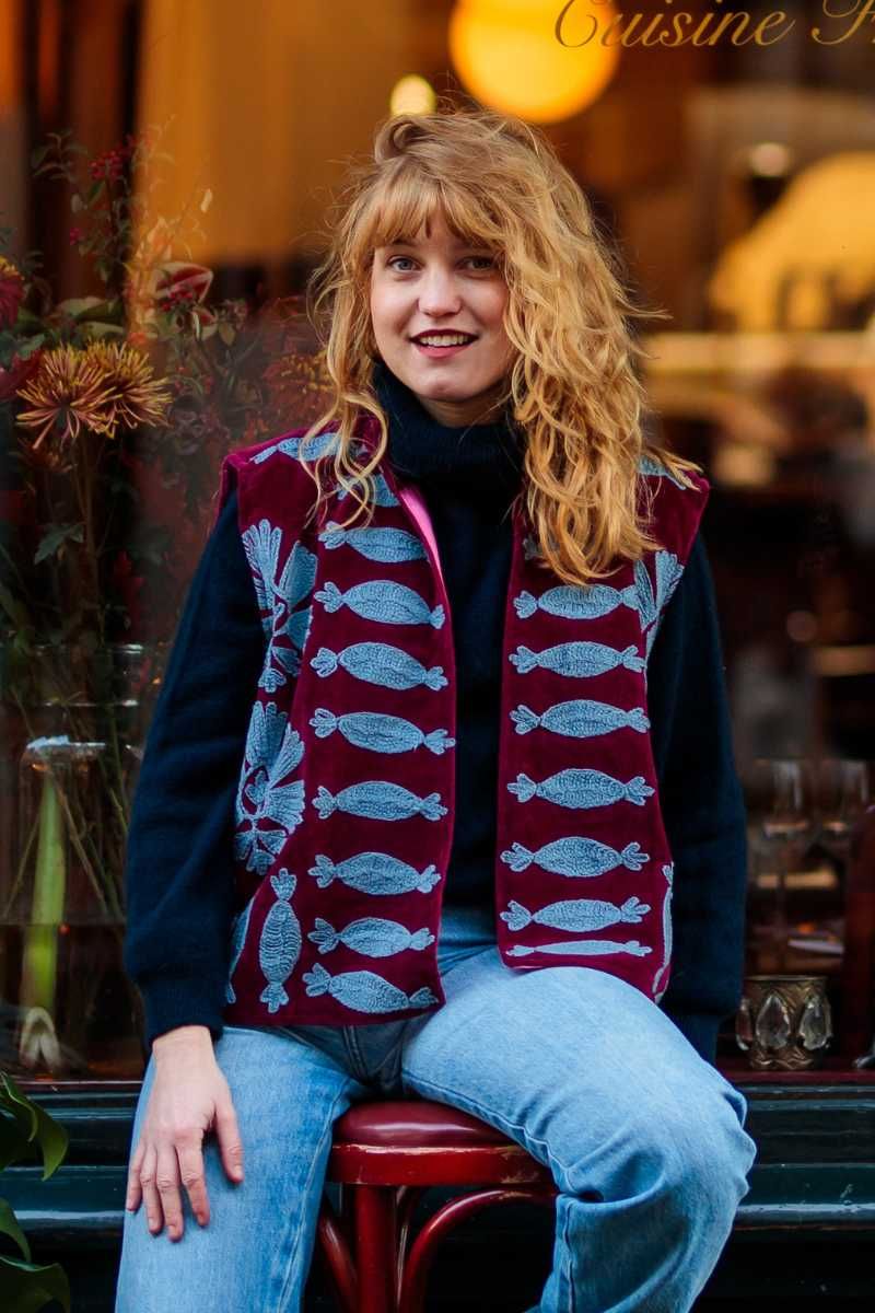 Embroidered Velvet Bodywarmer Berry with Light Blue Embroidery