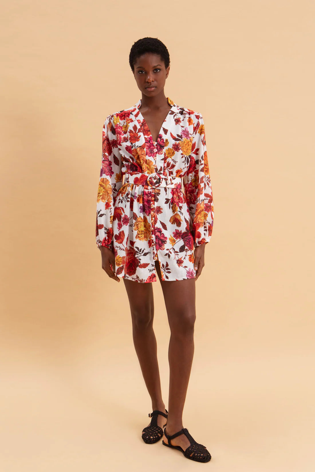 SPRING BOUQUET MINI LINEN DRESS WITH BELT