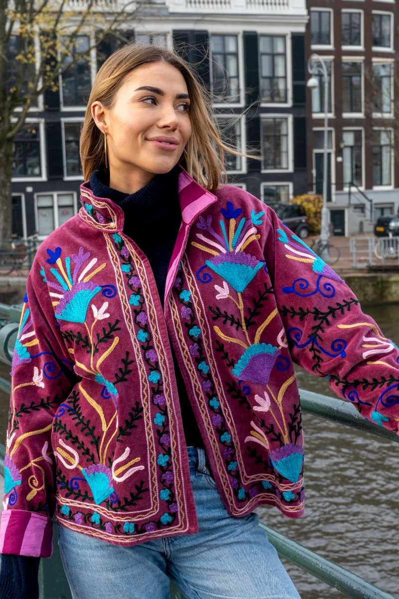 Embroidery jacket – Purple with floral Suzani embroidery