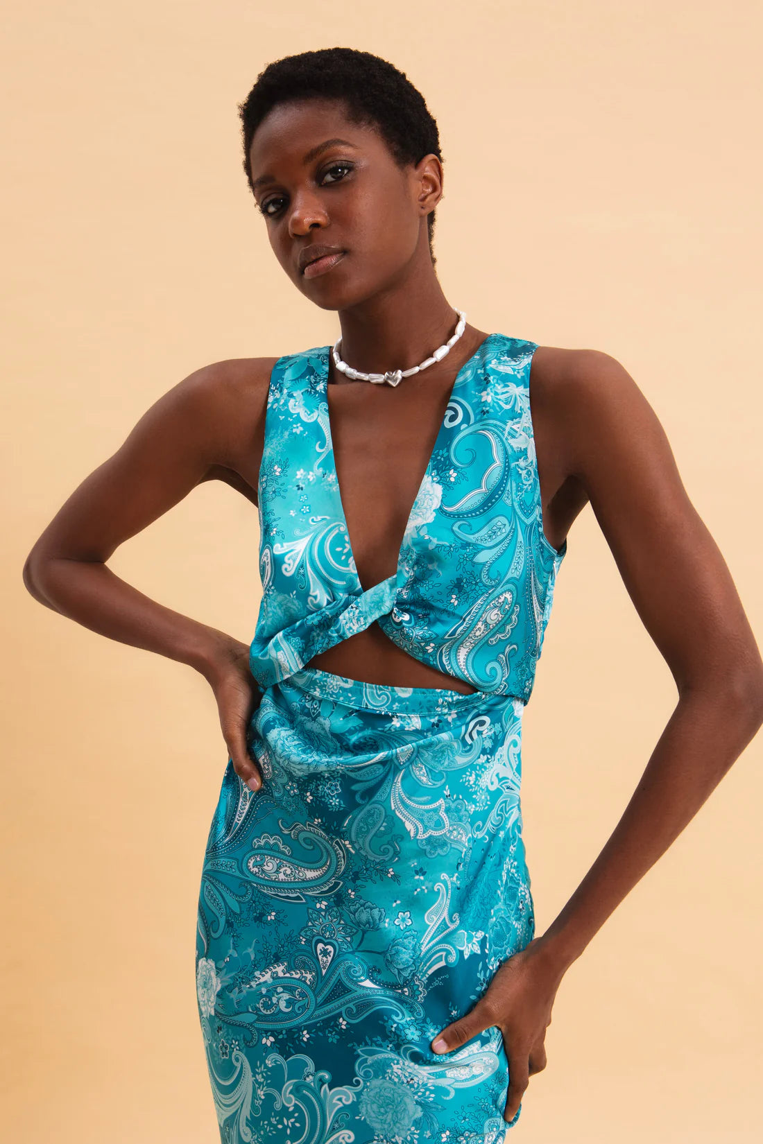 PAISLEY WAVES MIDI SATIN DRESS