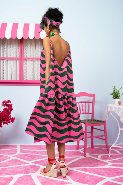 Merilin Frill Dress Green Pink Waves Τιραντέ Φόρεμα με Τσέπες Petit Boutik
