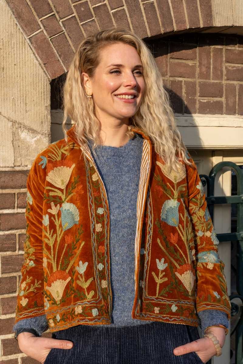 Suzani Jacket – Soft amber with pastel floral embroidery