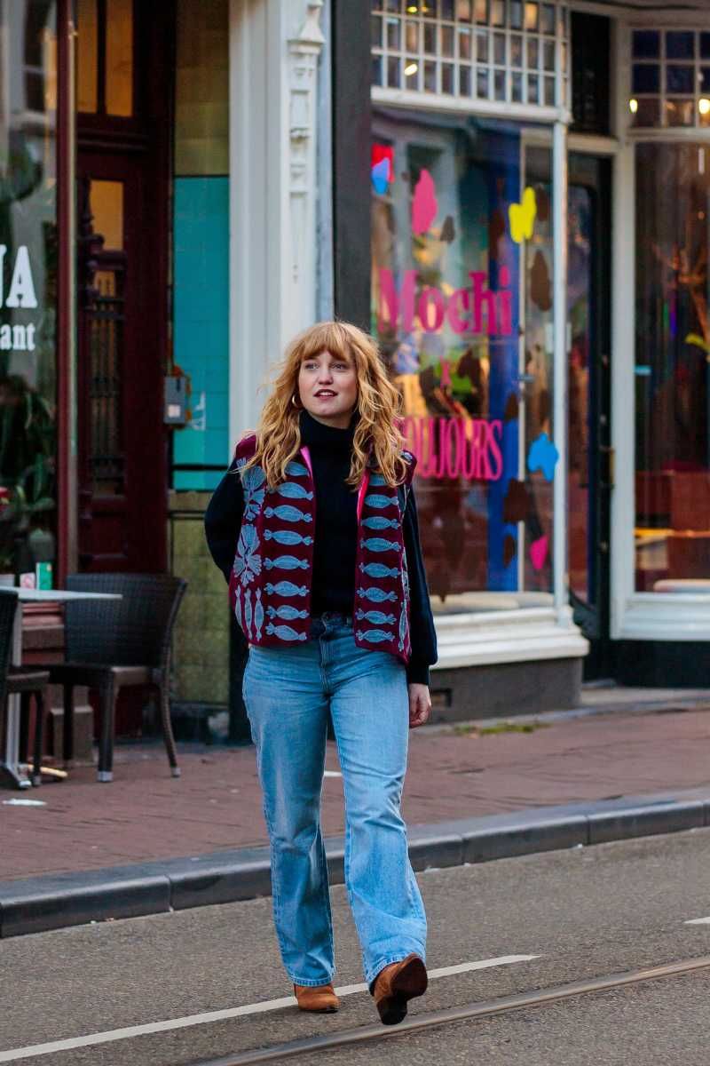 Embroidered Velvet Bodywarmer Berry with Light Blue Embroidery