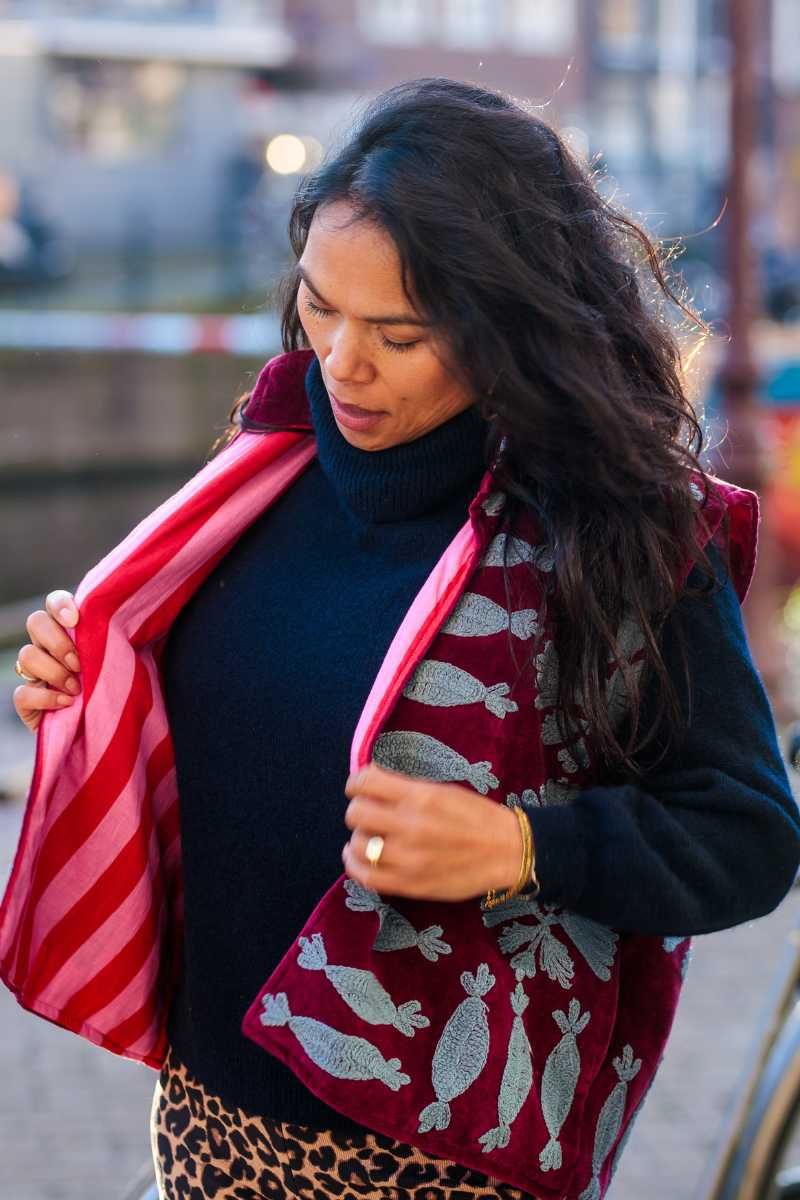 Embroidered Velvet Bodywarmer Berry with Light Blue Embroidery