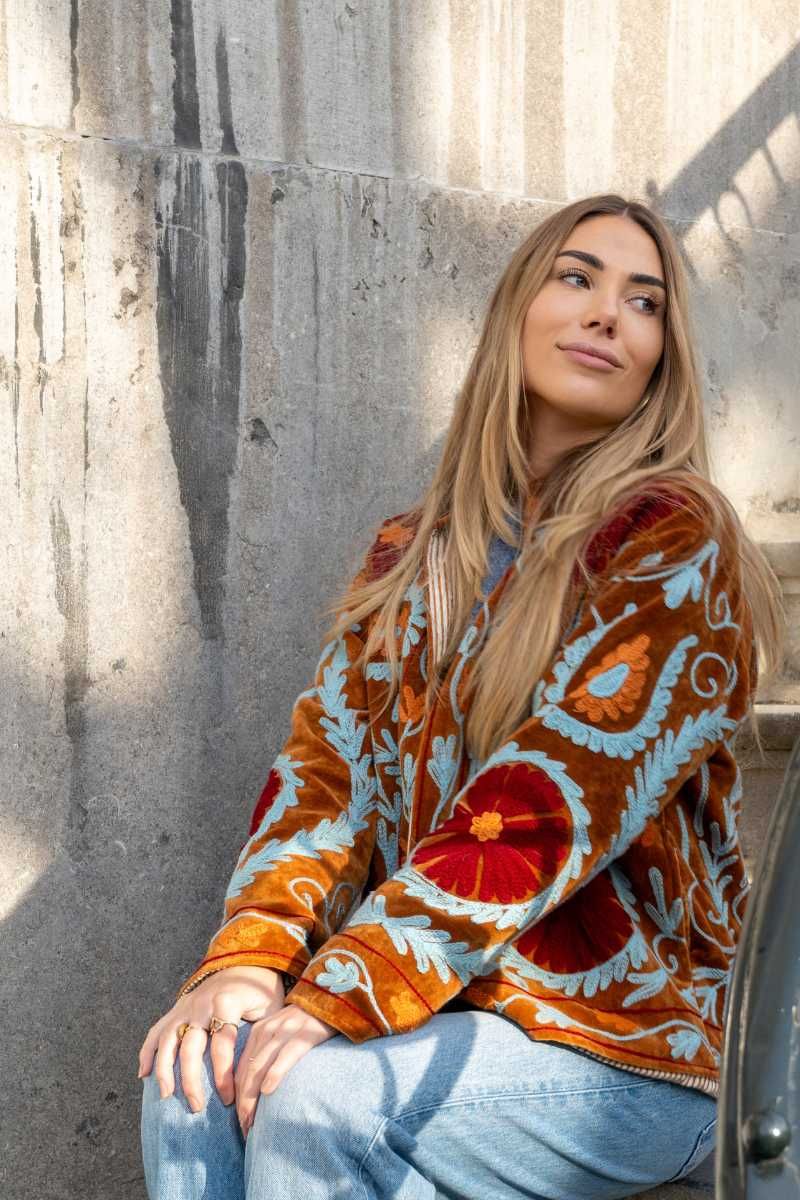 Suzani Jacket – Brown-amber with red floral embroidery