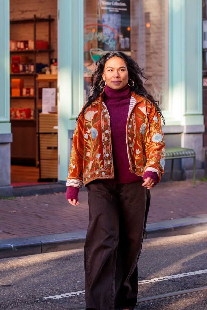 Suzani Jacket – Soft amber with pastel floral embroidery