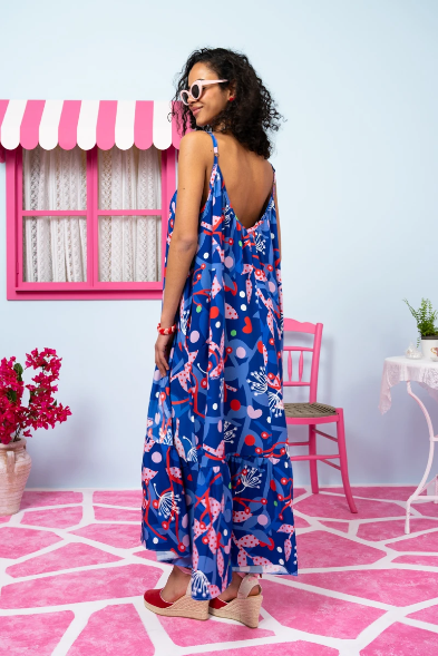 Linda Frill Dress Vis Blue Pink Floral Τιραντέ Φόρεμα με Ζώνη & Τσέπες Petit Boutik