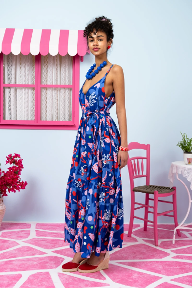 Athena Dress Vis Blue Pink Floral Φόρεμα με Ζώνη & Τσέπες Petit Boutik