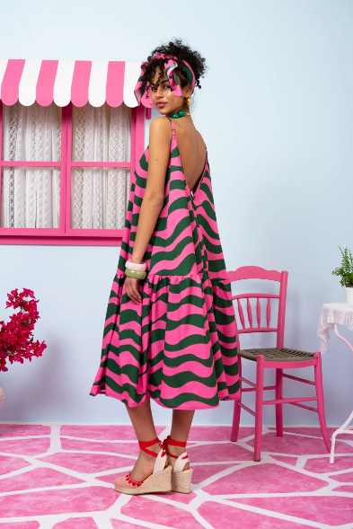 Merilin Frill Dress Green Pink Waves Τιραντέ Φόρεμα με Τσέπες Petit Boutik