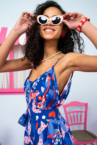 Linda Frill Dress Vis Blue Pink Floral Τιραντέ Φόρεμα με Ζώνη & Τσέπες Petit Boutik