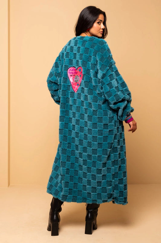 Bianca Coat Synthetic Fur Petrol 3D Checkered Παλτό Embroidery Heart Petit Boutik