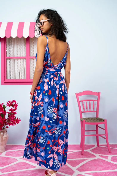 Linda Frill Dress Vis Blue Pink Floral Τιραντέ Φόρεμα με Ζώνη & Τσέπες Petit Boutik