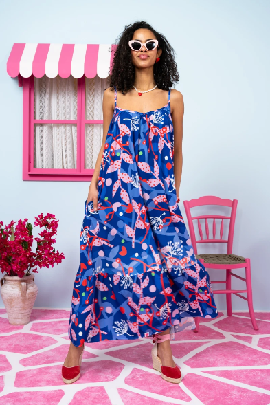 Linda Frill Dress Vis Blue Pink Floral Τιραντέ Φόρεμα με Ζώνη & Τσέπες Petit Boutik