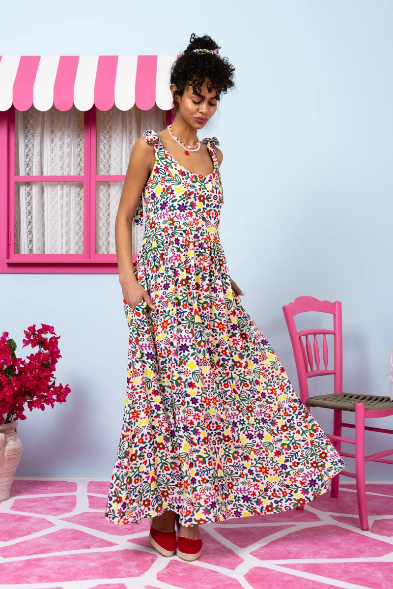 Fenia Dress Vis White Mexican Floral Φόρεμα με Δετές Τιράντες & Τσέπες Petit Boutik