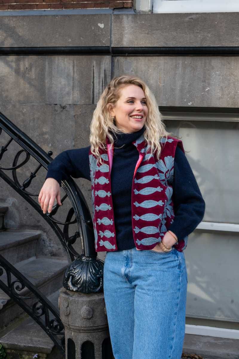 Embroidered Velvet Bodywarmer Berry with Light Blue Embroidery