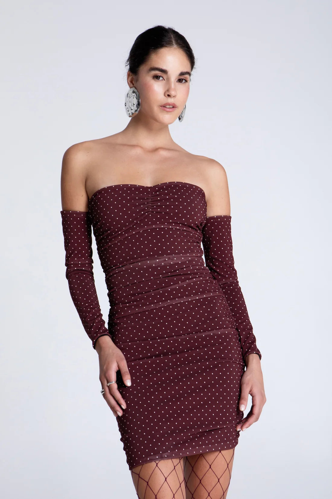 BURGUNDY POLKA DOTS MINI MESH DRESS