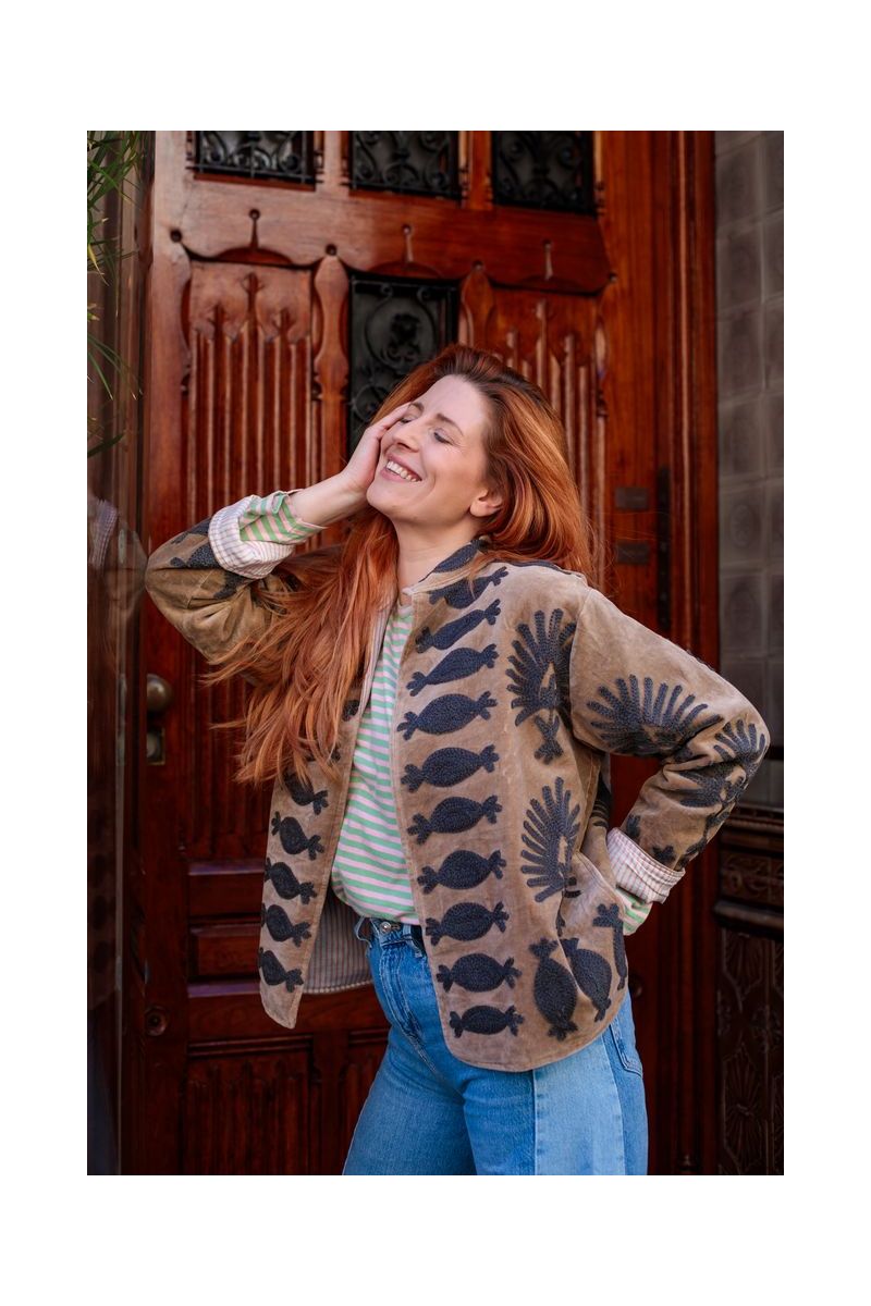 Embroidered Velvet Jacket – Sand with Graphic Suzani Embroidery